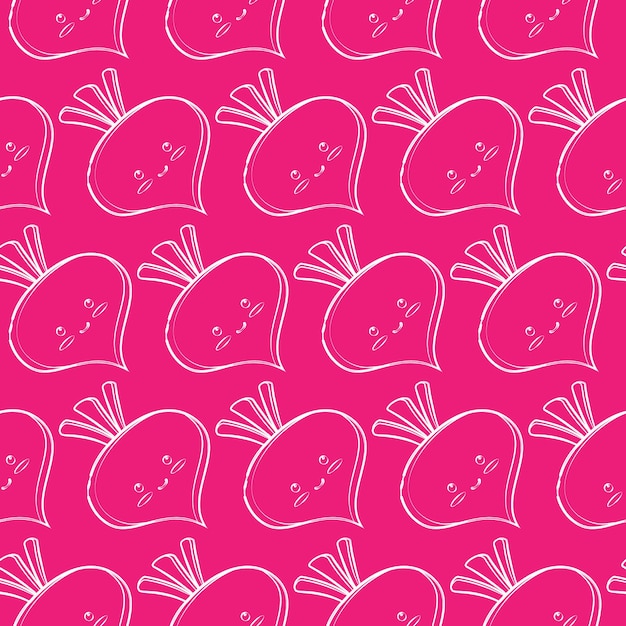 Vector vegetarian seamless pattern in a modern linear style The white outline of a radish on a bright pink background Cute pattern for packaging paper design