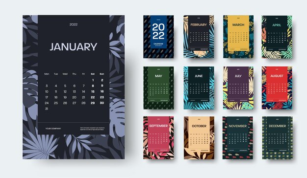 Vector vertical calendar 2022 template, tropical pattern, color, black insert with months, exotic leaves on background. Planner for organizing a company for a year, with weeks, days. Set covers, pages