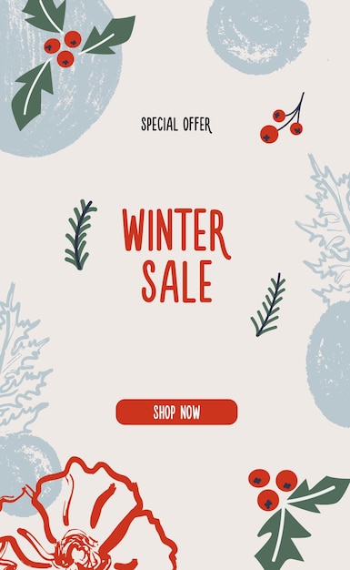 Vector vertical modern hand drawn christmas sale banner with various abstract seasonal elements