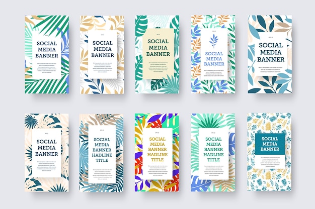 Vector vertical social media banner with geometric element for text colorful tropical exotic leaves palm monstera