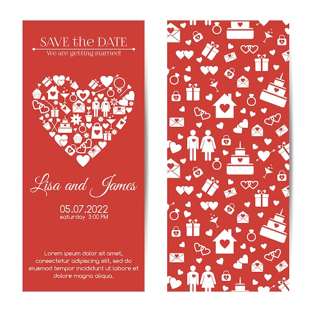 Vector vertical wedding invitations banners cards Background with wedding icons