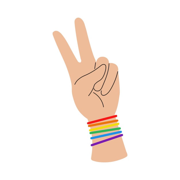 Vector victory hand with rainbow bracelet Sign of victory or peace LGBTQ clipart Pride month