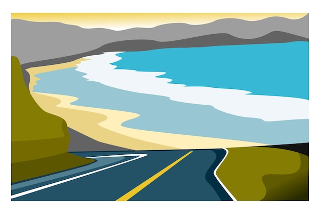 Vector vector view of a highway with a beach background