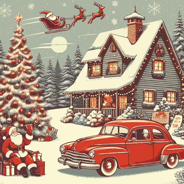 Vector Vintage Christmas and New Year a house with a car that says santa on it