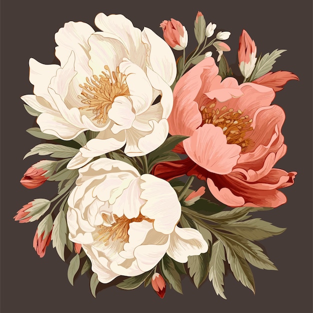 A vector vintage clipart of a peonies bouquet