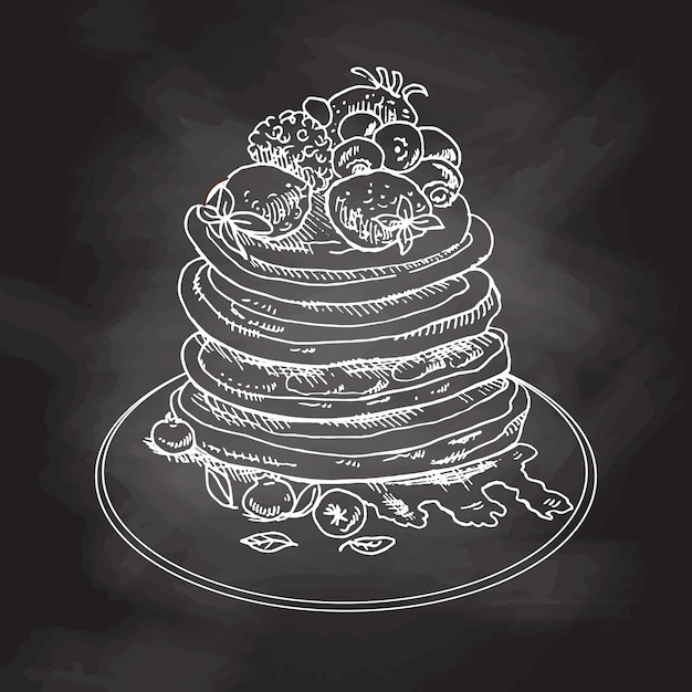 Vector vintage  drawing of Pancakes with berries and syrup, White sketch on black chalkboard