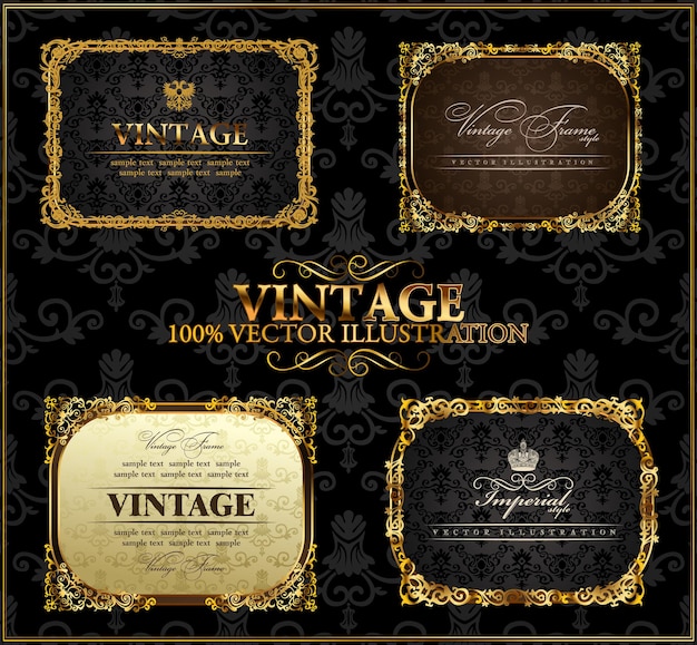 Vector vintage Gold frames and decor labels on black background