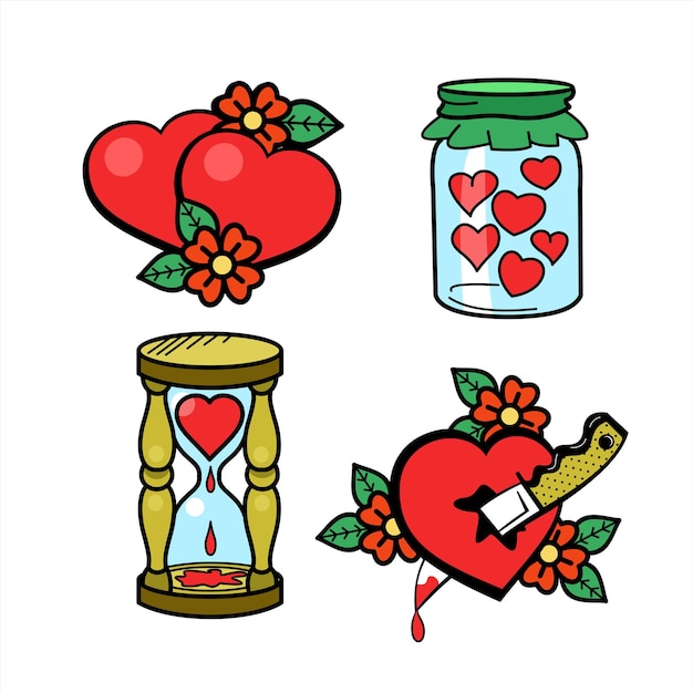 Vector vintage logos about love. Happy Valentine's day! Glass jar filled with hearts, heart pierced with a knife, two hearts, heart's bleeding out in the hourglass.