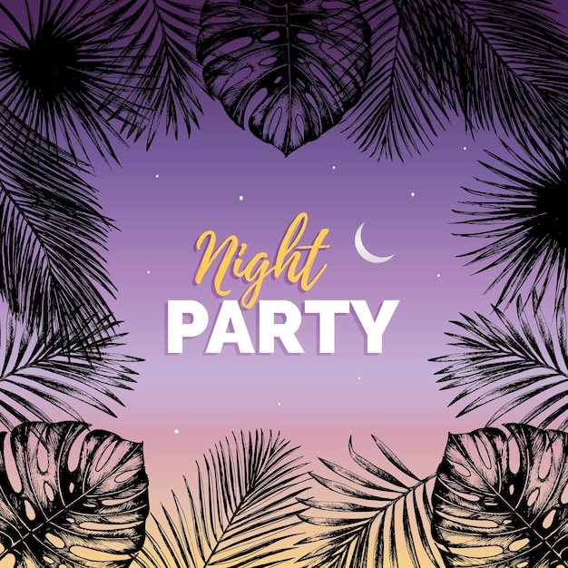 Vector vintage night beach party illustration Exotic palm leaves background Hand sketched jungle foliage poster