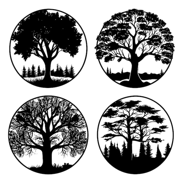 vector vintage pine trees and forest silhouettes set