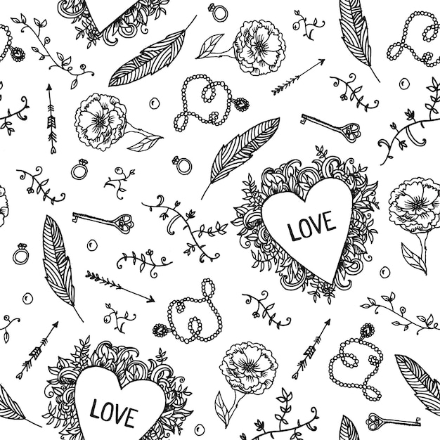 Vector vintage romantic hand drawn seamless pattern. Hearts, love, flowers, keys black and white background. Valentine s day