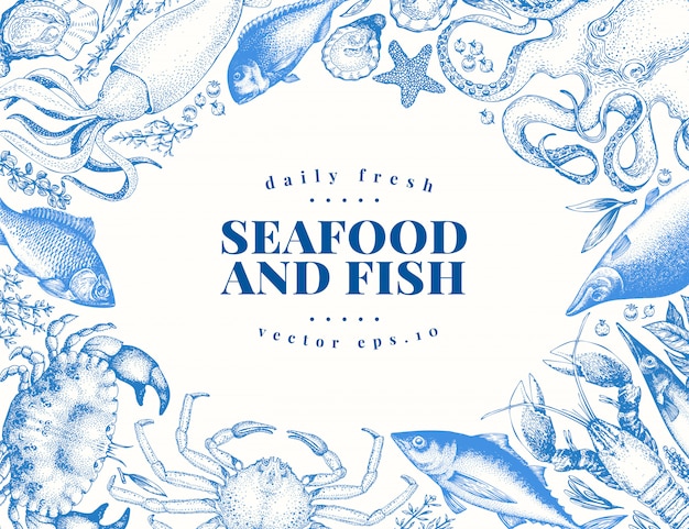 Vector vector vintage seafood and fish restaurant illustration. 