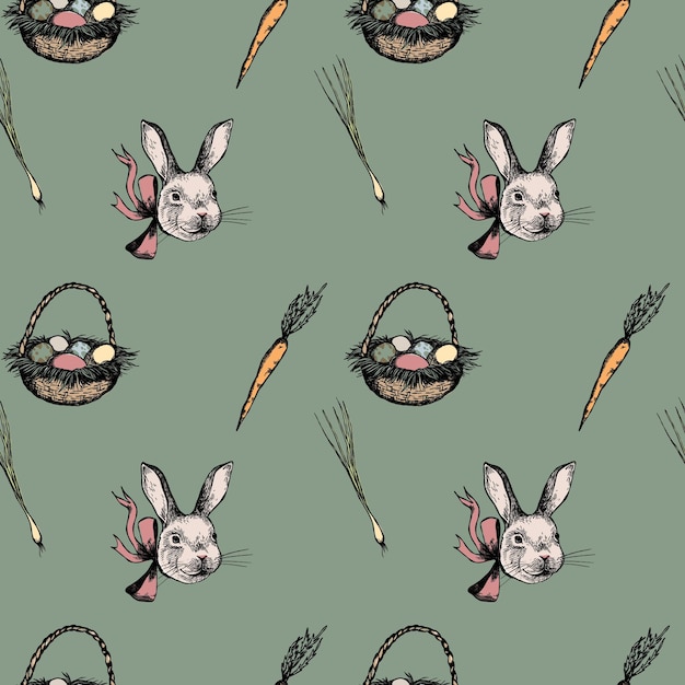 Vector Vintage seamless Easter pattern Vintage Easter backgrounds Bunnies and eggs Spring pattern