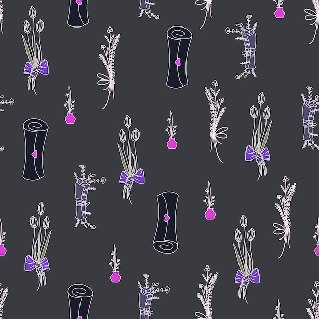 Vector vintage seamless night romantic pattern in line art style