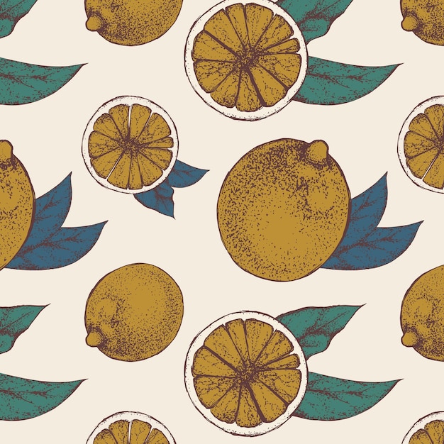 Vector vintage seamless pattern with big whole lemons, slices and green leaves with stroke.