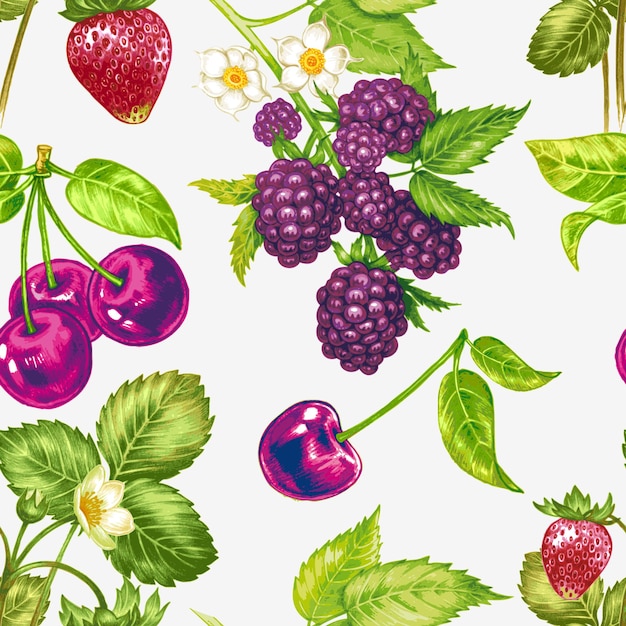 Vector Vintage Seamless Pattern with Fruit and Berries Strawberries Cherries Blackberries