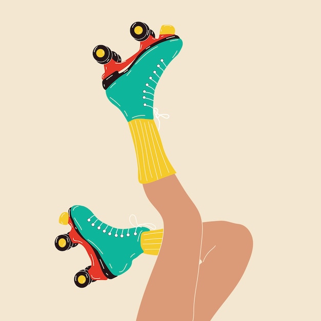 Vector vintage skating postera girl with roller skates. Hand drawn roller skates sketch illustration