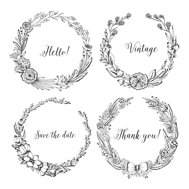 Vector vintage wreaths. Collection of trendy cute floral frames.