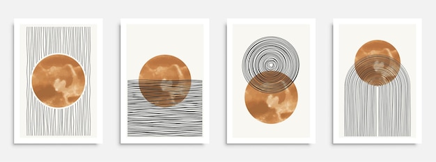 Vector wall art poster set with hand drawn abstract shapes boho elements for home decor print etc