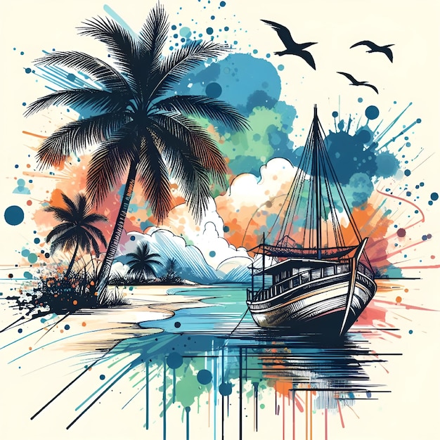 vector water color beach landscape tshart design