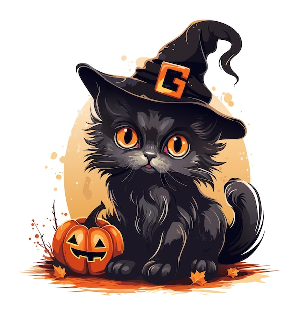 Vector watercolor black cat with hat and pumpkin black halloween cat illustration on white background