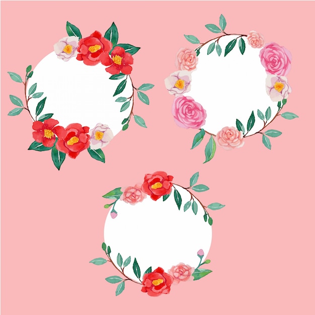 Vector Watercolor Camellia Flower Round Frame Template Set