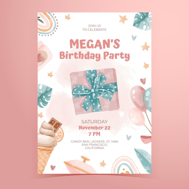 Vector watercolor childish birthday party poster for girls with cute boho ice cream, rainbows, hearts and baloons