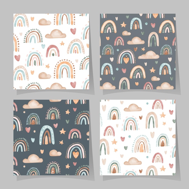 Vector watercolor childish pattern collection with rainbows