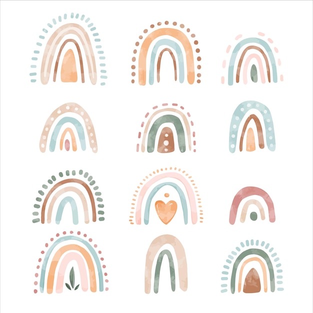 Vector watercolor collection of cute boho rainbows, hand drawn elements