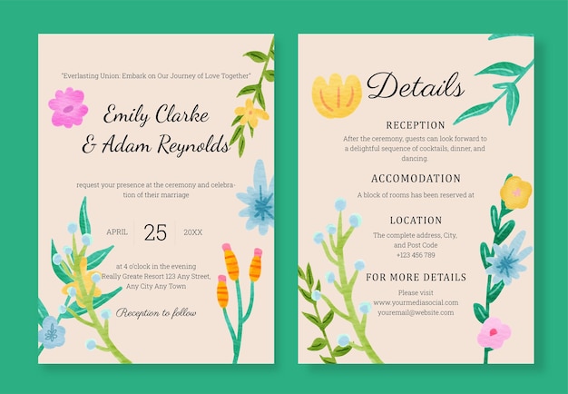 vector watercolor colorful floral and grass wedding invitation template