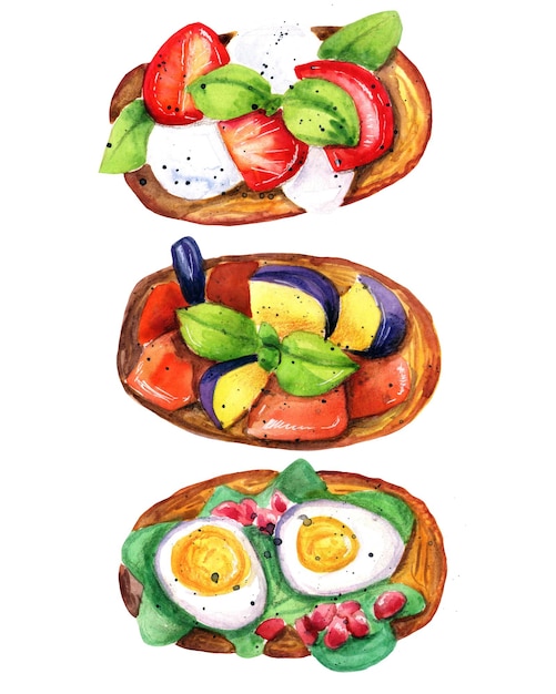 vector watercolor illustration of food a set of delicious sandwiches