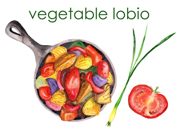 vector watercolor illustration of food vegetable lobio ratatouille