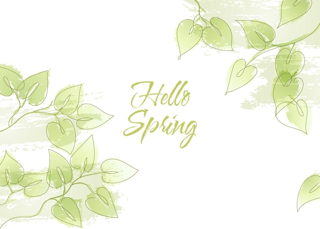 Vector watercolor illustration. Green leaves. Grunge paint texture. Hello spring. Floral leaf