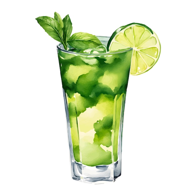 Vector watercolor illustration of a mojito cocktail drink with fresh lime and mint perfect for summer designs drinks menu recipe decoration