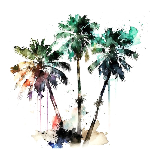 Vector watercolor illustration of a silhouette of palm trees watercolor texture