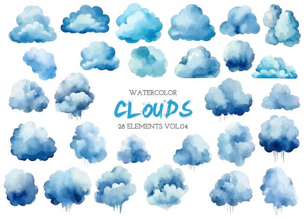 Vector watercolor painted blue clouds Hand drawn design elements isolated on white background