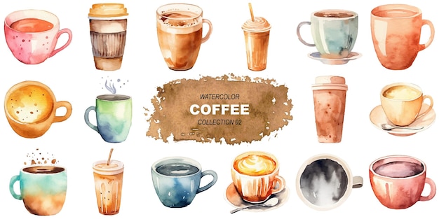 Vector vector watercolor painted coffee cups hand drawn design elements isolated on white background