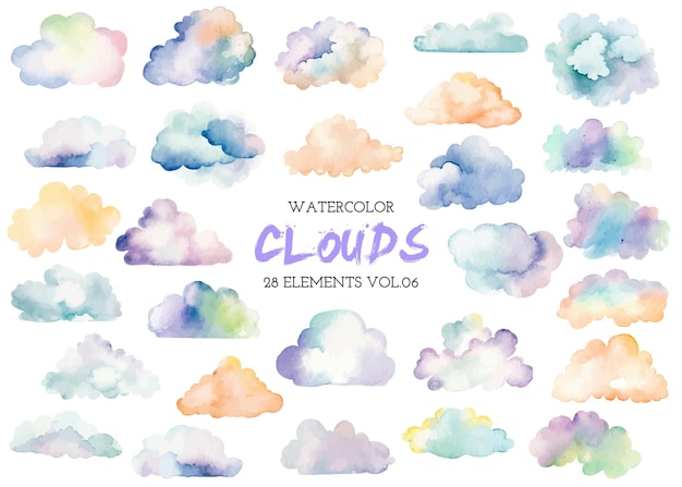 Vector watercolor painted colorful clouds Hand drawn design elements isolated on white background