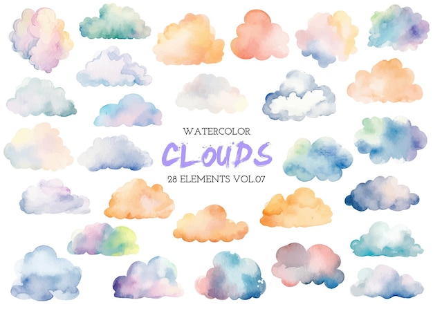 Vector watercolor painted colorful clouds Hand drawn design elements isolated on white background