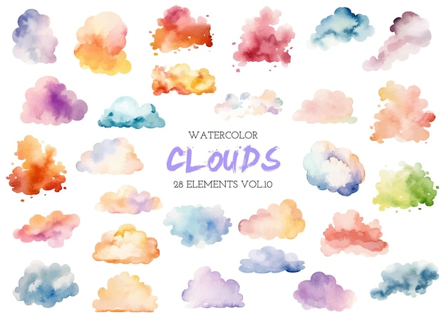 Vector watercolor painted colorful clouds Hand drawn design elements isolated on white background