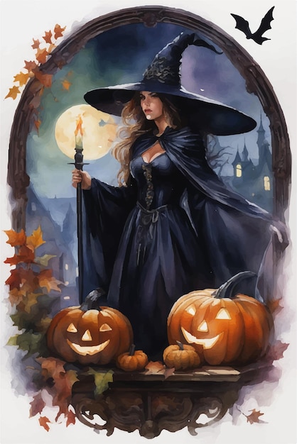 Vector watercolor painting of a beautiful witch on Halloween night