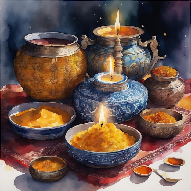 vector watercolor painting of happy diwali hindu festival colorful traditional oil lamp diya