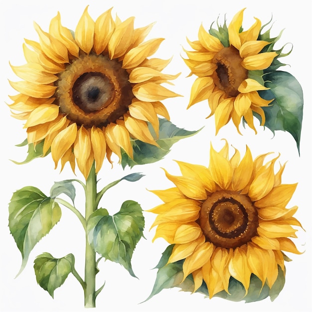 vector watercolor painting set of vibrant sunflowers