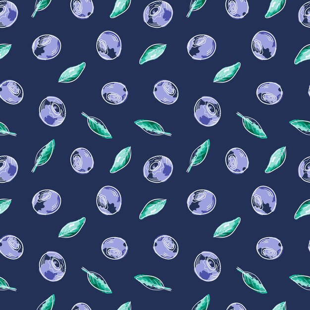 Vector watercolor pattern with blueberries Blueberry with twigs of leaves in a handdrawn style