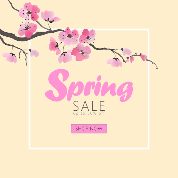 Vector watercolor sakura blossom spring sale banner template. Pink flower branch promotional poster web shop online seasonal background Japanese style design illustration art