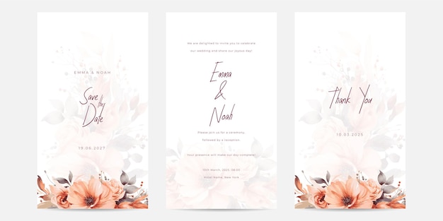 Vector watercolor wedding invitation floral and leaves card template