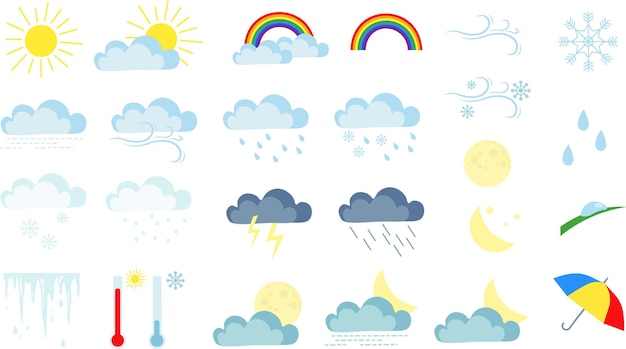 Vector weather cartoon icon set Icons for weather forecast Sun and moon rain and snow clouds