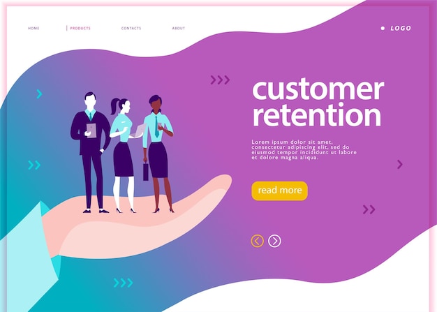 Vector web page concept design - customer retention theme. Office people with mobile device stand on big human hand. Landing page, mobile app, site template. Business illustration. Inbound marketing.