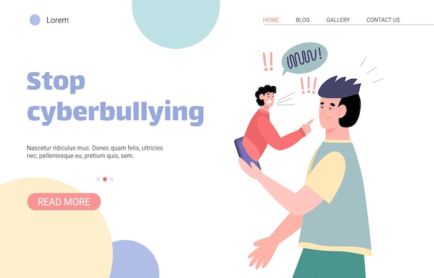 Vector web page with call to stop cyberbullying harassment and abuse in internet