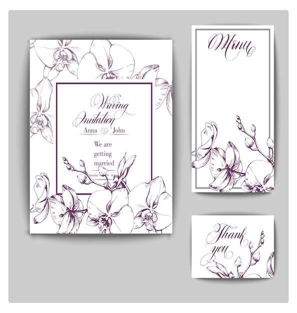 Vector wedding invitation card set with orchid flowers Save the date and wedding invitation  design